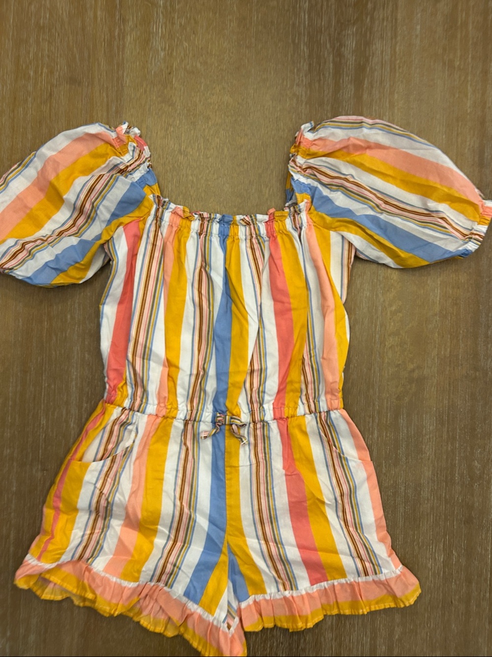 Janie and Jack Striped Puff-Sleeve Off-Shoulder Romper in Yellow, Pink & Blue